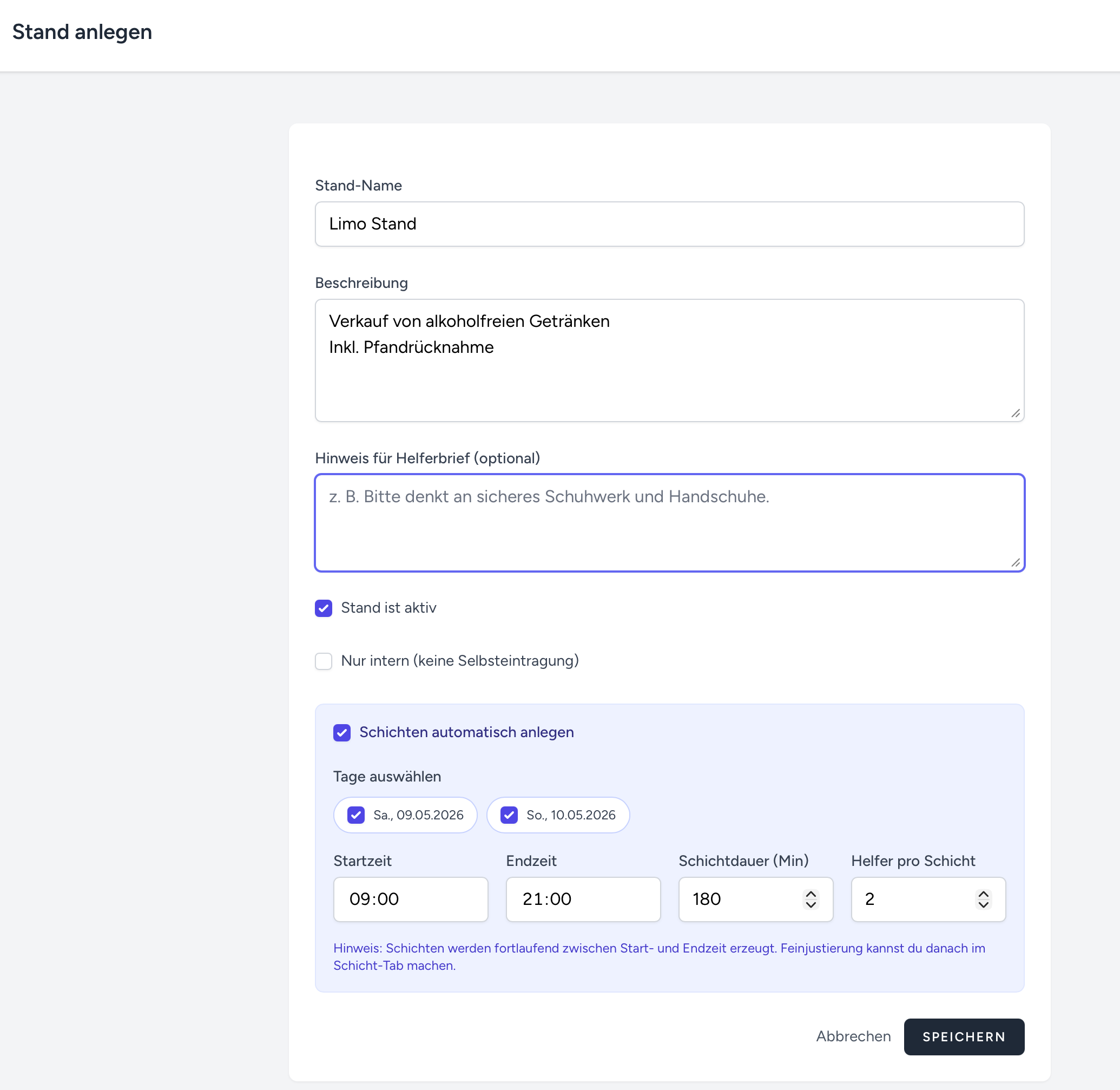 Standplanung: Stand anlegen