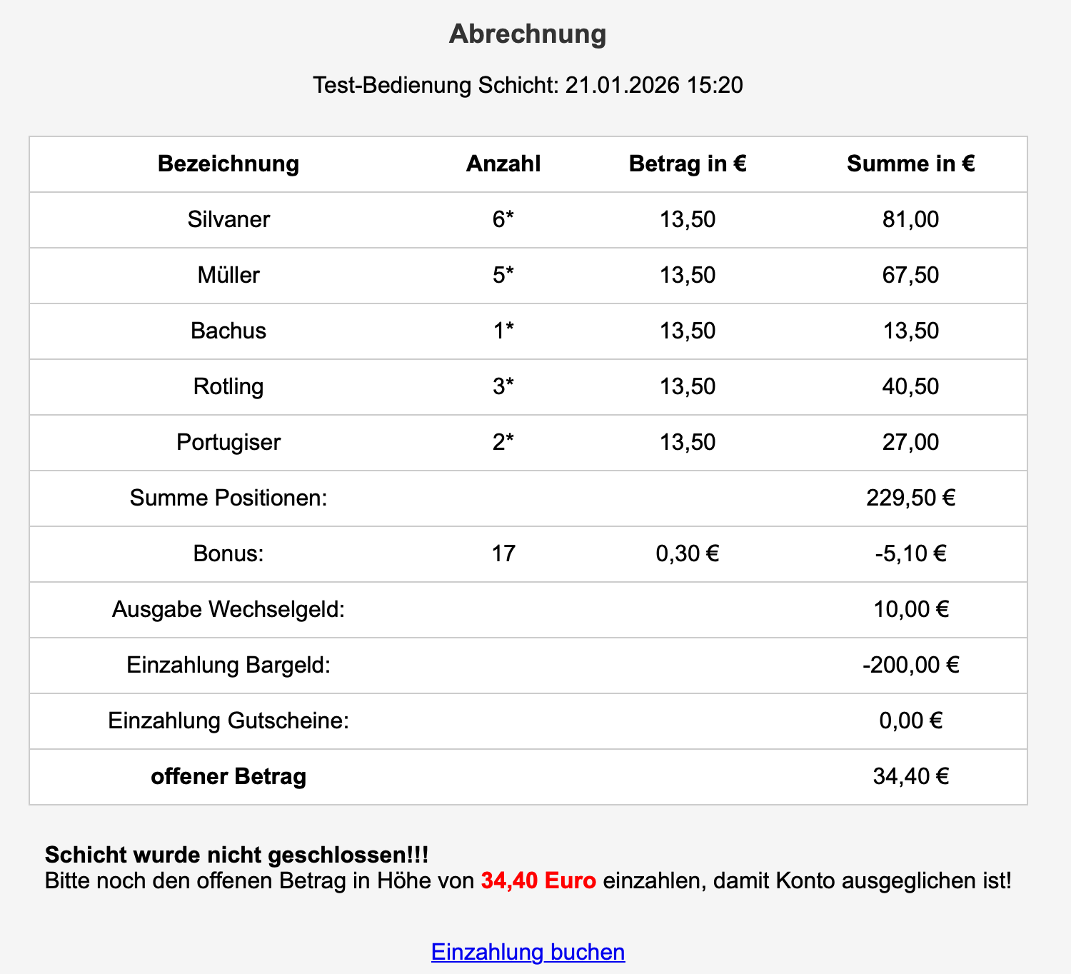 Weinfest: Abrechnung Bedienung
